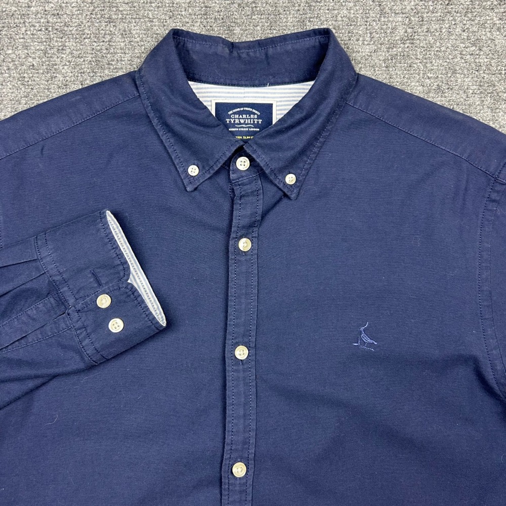 Charles Tyrwhitt Button Down Shirt Mens L Navy Extra Slim Fit Cotton Long Sleeve